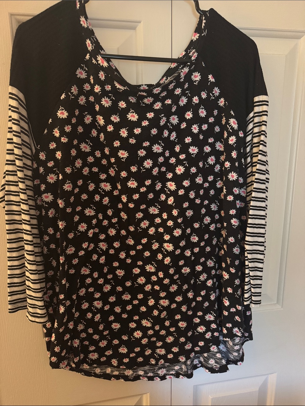 Cato Black Floral Raglan Top with Striped Sleeves